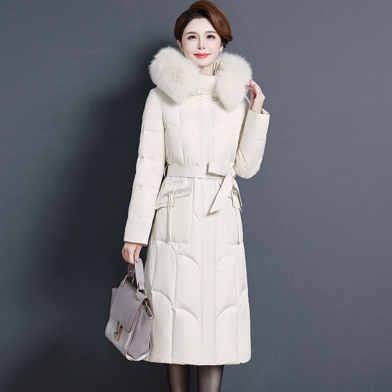 2023 new fashionable and foreign medium and long mother thickened winter knee jacket middle-aged white duck down jacket women