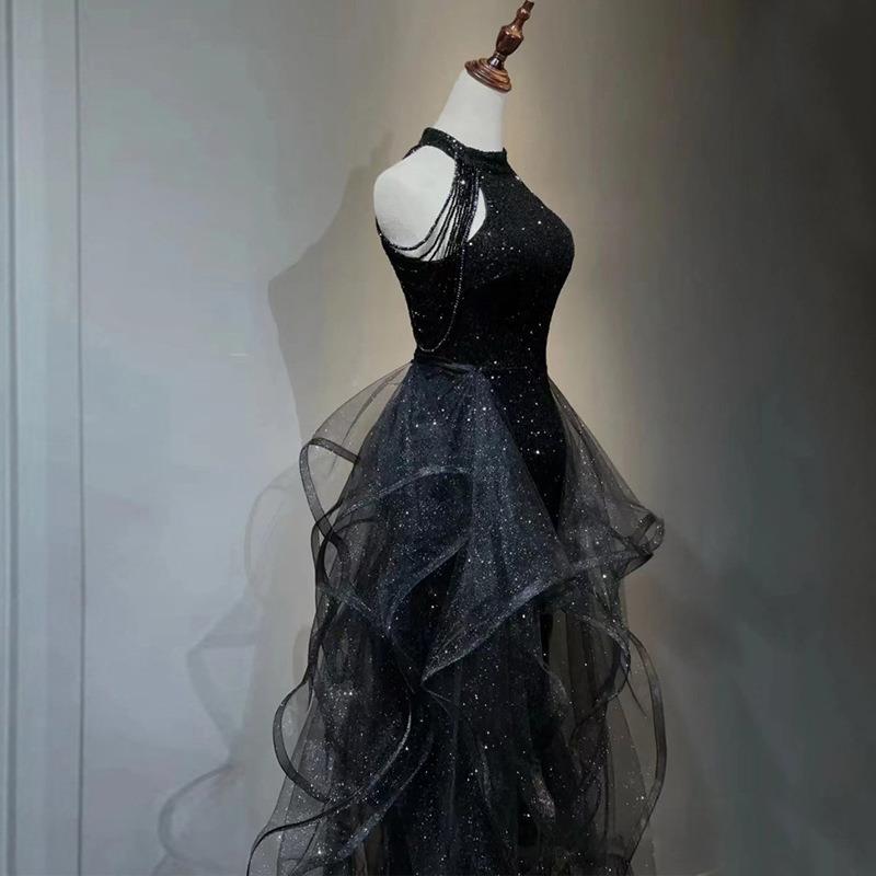 2025 Black sequined evening dress dress women 2025 new dress trailing party host adult evening dress one hair