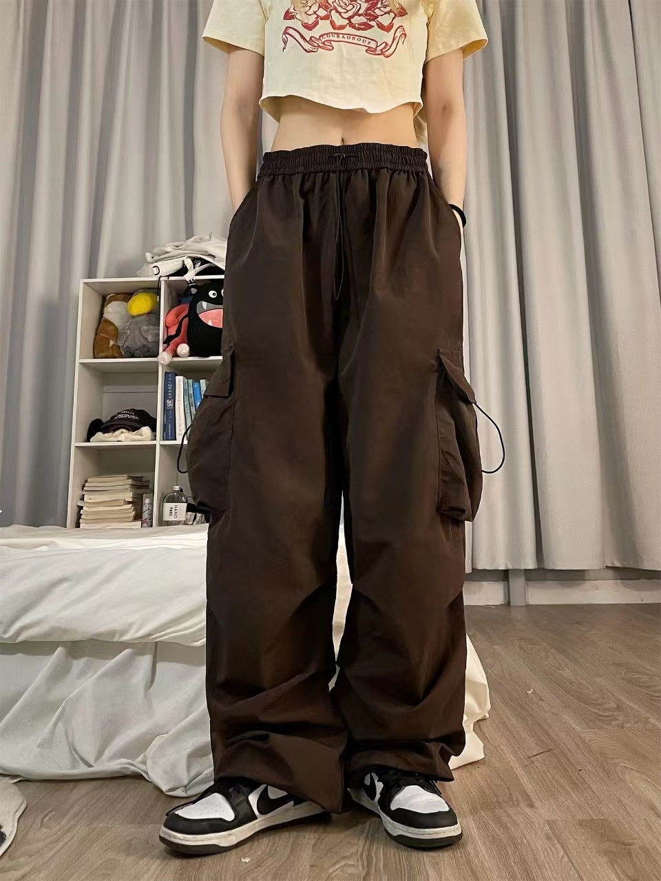 ZllKl Nylon Quick-Drying Overalls Women's Summer New American Parachute Pants High Waist Wide Leg Leisure Drawstring Sports Pants