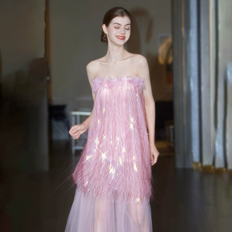 Pink morning robe woman 2025 new temperament light luxury tube top bridal engagement dress banquet birthday super fairy dress