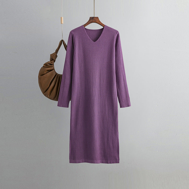 ZllKl Autumn and winter v-neck knitted dress women's outerwear straight tube thin long-sleeved pit strip split bottom knee sweater skirt