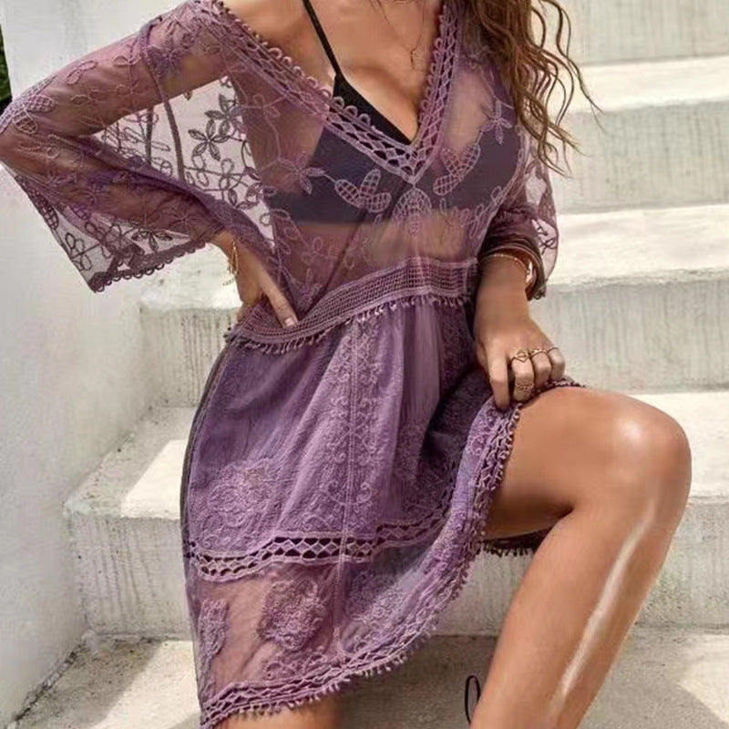 2025 sunscreen shirt sexy lace loose beach vacation blouse skirt bikini jacket swimsuit women