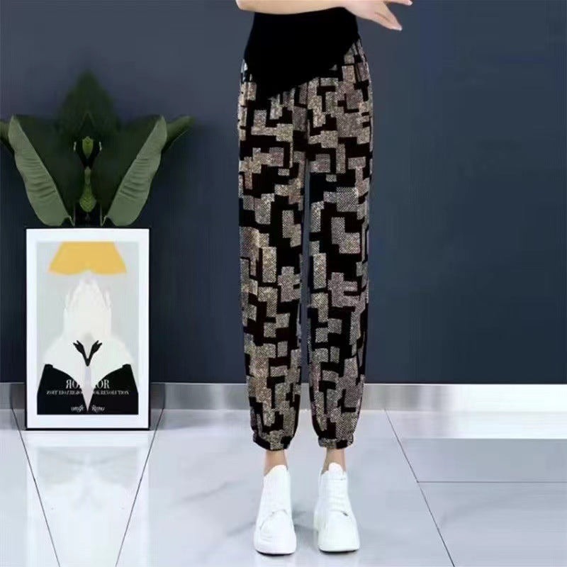 ZllKl Ice Silk Plaid Casual Pants Women's Summer Thin Cool Women's Lantern Pants Large Cropped Casual Harem Tappered Pants