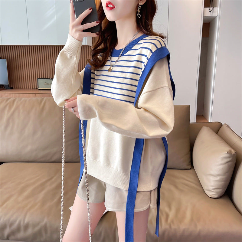 striped sweater women's niche design sense new autumn and winter splicing fake two-piece knitted sweater lazy wind