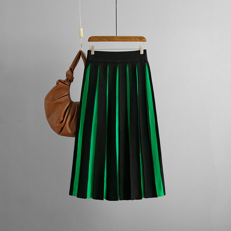 ZllKl 2025 retro knitted half-length skirt for women, high waist, thin and age-reducing, black and white splicing medium and long pleated skirt
