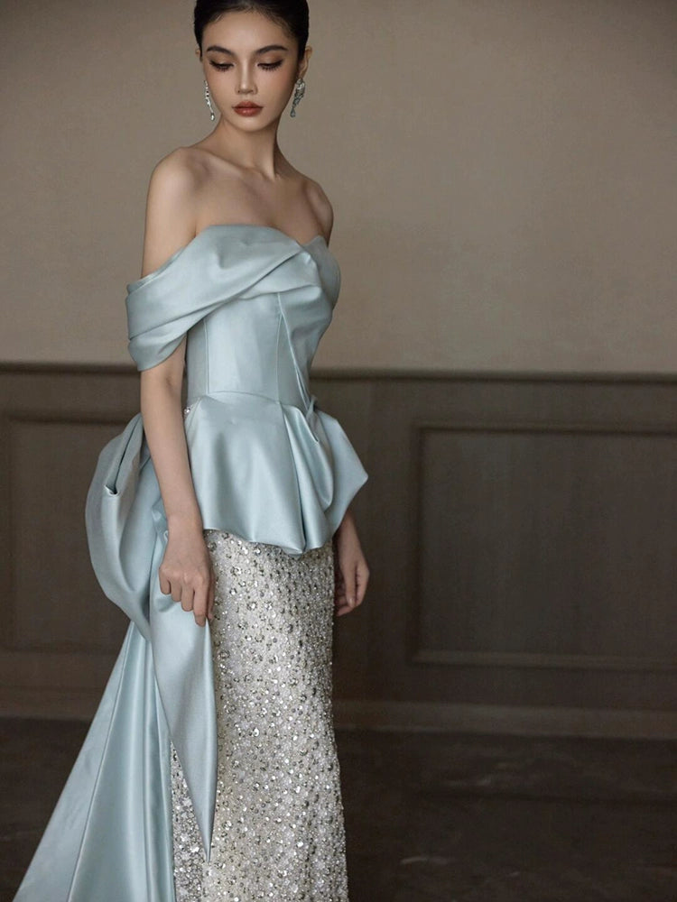 Blue heavy industry evening dress 2025 new temperament tube top sequins high-end fishtail engagement banquet bridal toast dress