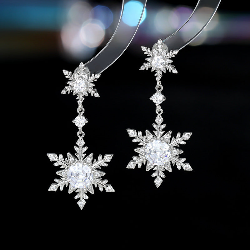 2025 New light luxury fashion autumn and winter earrings wholesale super flash zircon inlaid niche design long snowflake earrings