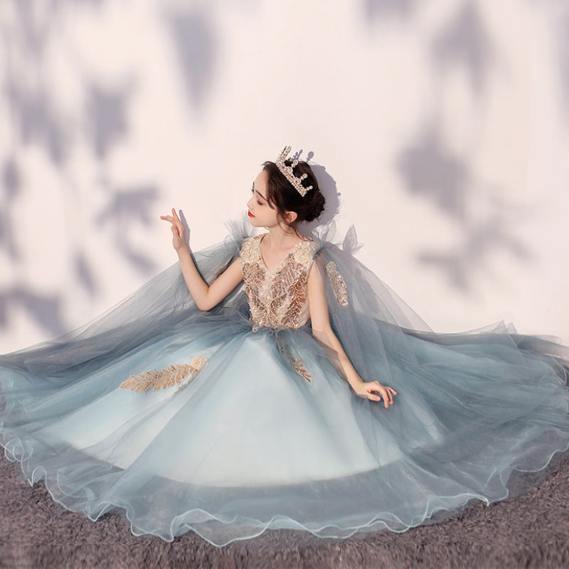 ZllKl Girls' Dress Princess Dress Tulle Tutu Western Style Children Model Host Catwalk Piano Performance Dresses of Bride Fellow Kids Spring