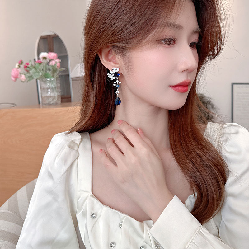 2025 Cross-border luxury zircon earrings, moon octagram water droplets asymmetrical long bridal dress dinner earrings