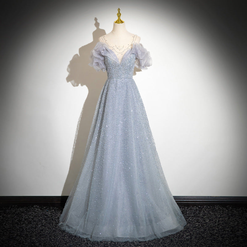 2025 Grey evening dress skirt 2025 new one-word shoulder high-end light yarn vocal art test light luxury dress manufacturer