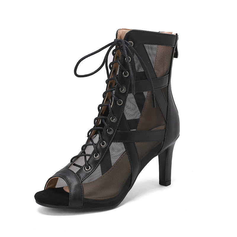 ZllKl Mesh Sandal Boots Women's Summer Peep Toe Sandals Lace-up Cutout Ankle Boots Jazz High Heels Stiletto Heel Silver Mesh Boots
