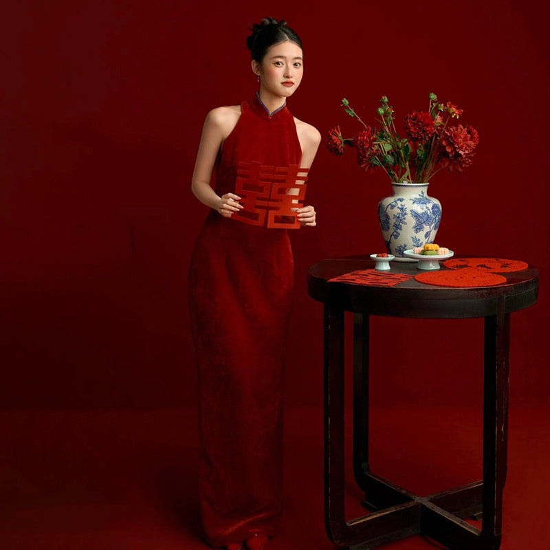 New Chinese cheongsam evening dress red neck high-end morning robe bride engagement wedding niche return toast dress