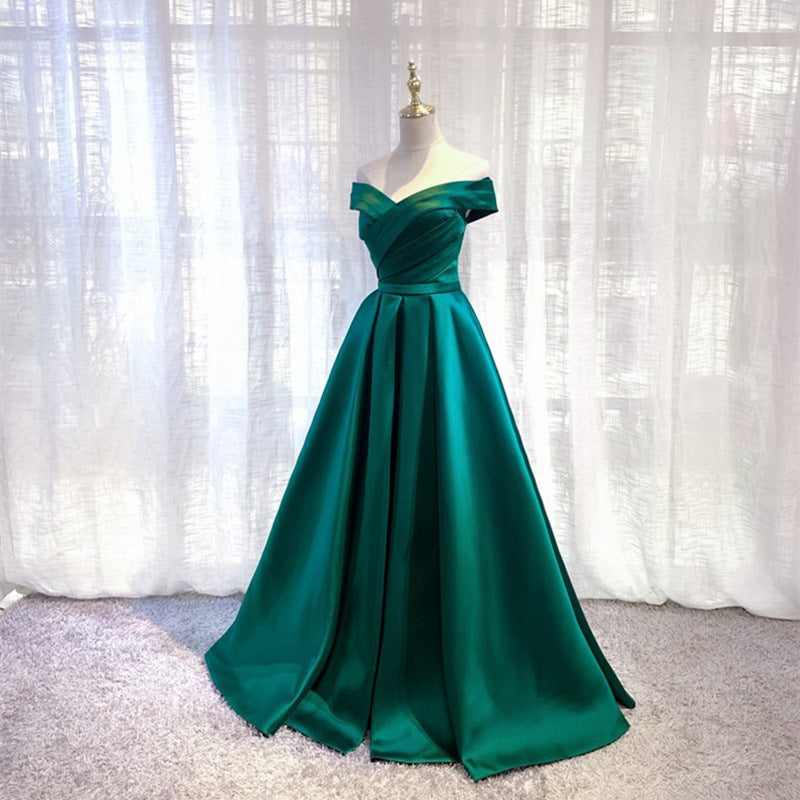 2025 One-word shoulder satin evening dress slim and thin performance chorus socialites banquet annual meeting host dinner dress