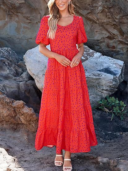 ZllKl European and American Foreign Trade Cross-Border Women's Clothing Bubble Sleeve Pleated Backless Print Layered Short Sleeve Dress