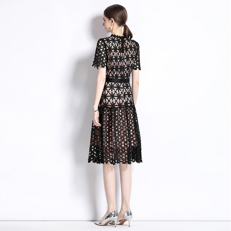 Lightly Mature Design Style Retro Minority Sexy Hollow out Lace Short Sleeve Dress Women's Summer Wear 2023 New