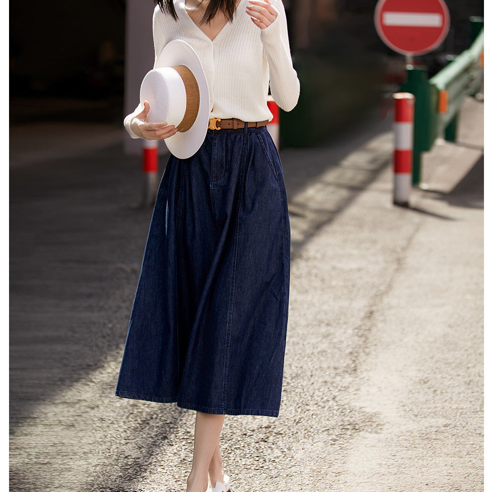 2025 Washed a word wavy medium and long umbrella skirt skirt, retro and thin high waist, pure cotton denim skirt short skirt Korean