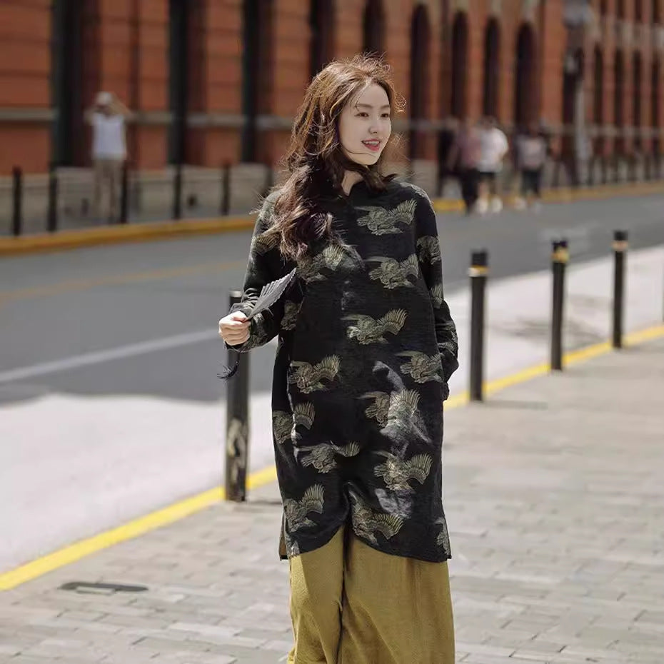 2025 Women's cotton-padded jacket, medium and long cotton-padded jacket, women's loose cotton-padded jacket, cotton and linen printed new Chinese-style padded cheongsam A1116