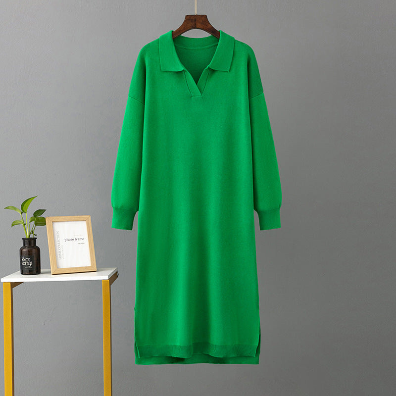 ZllKl 23 autumn and winter new 2025 Polo collar bottoming knitted long dress loose large size solid color women's dress