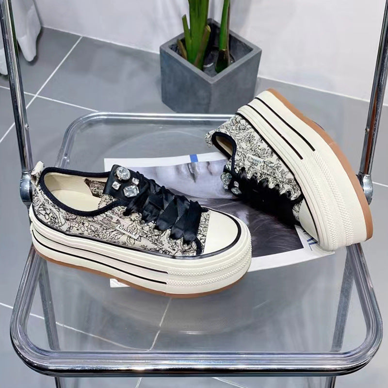 ZllKl Authentic Leather Rhinestones Low-Top Platform Canvas Shoes for Women New Spring 6cm Height Increasing Skinny Lace-up Casual Board Shoes