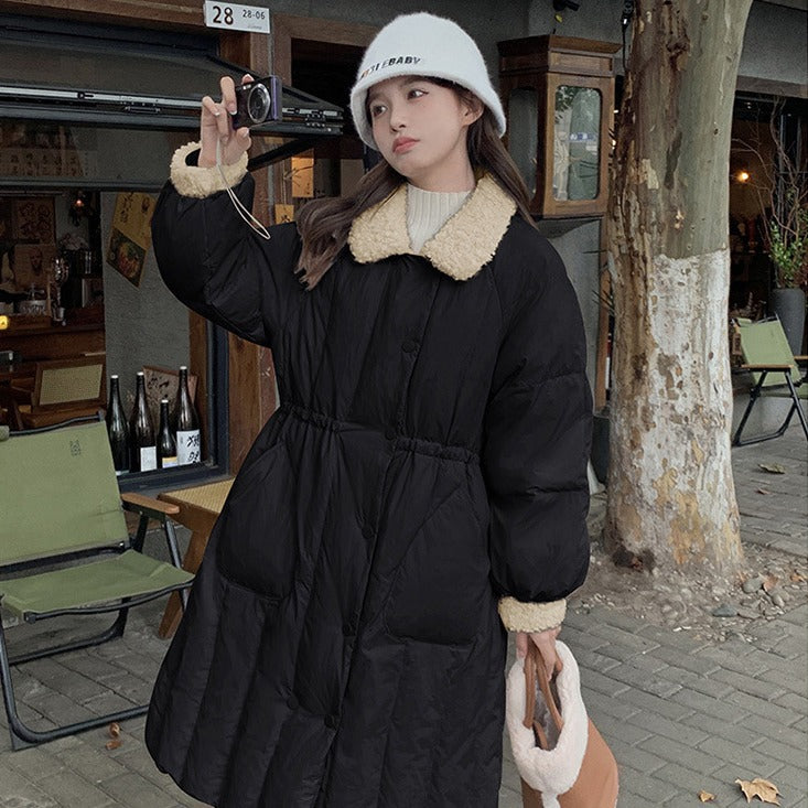 2023 winter new medium and long single-breasted waist lamb wool down jacket, solid color down jacket for women