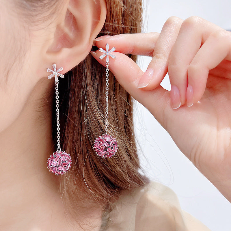 2025 Korean color zircon snowflake long temperament earrings personalized super fairy earrings S925 silver needle hollow ball earrings