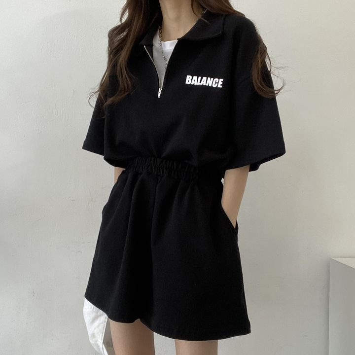 ZllKl Wholesale 4 colors, high-end cotton zipper set two-piece set women's short-sleeved shorts sportswear solid color loose summer fashion