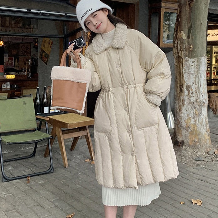 2023 winter new medium and long single-breasted waist lamb wool down jacket, solid color down jacket for women