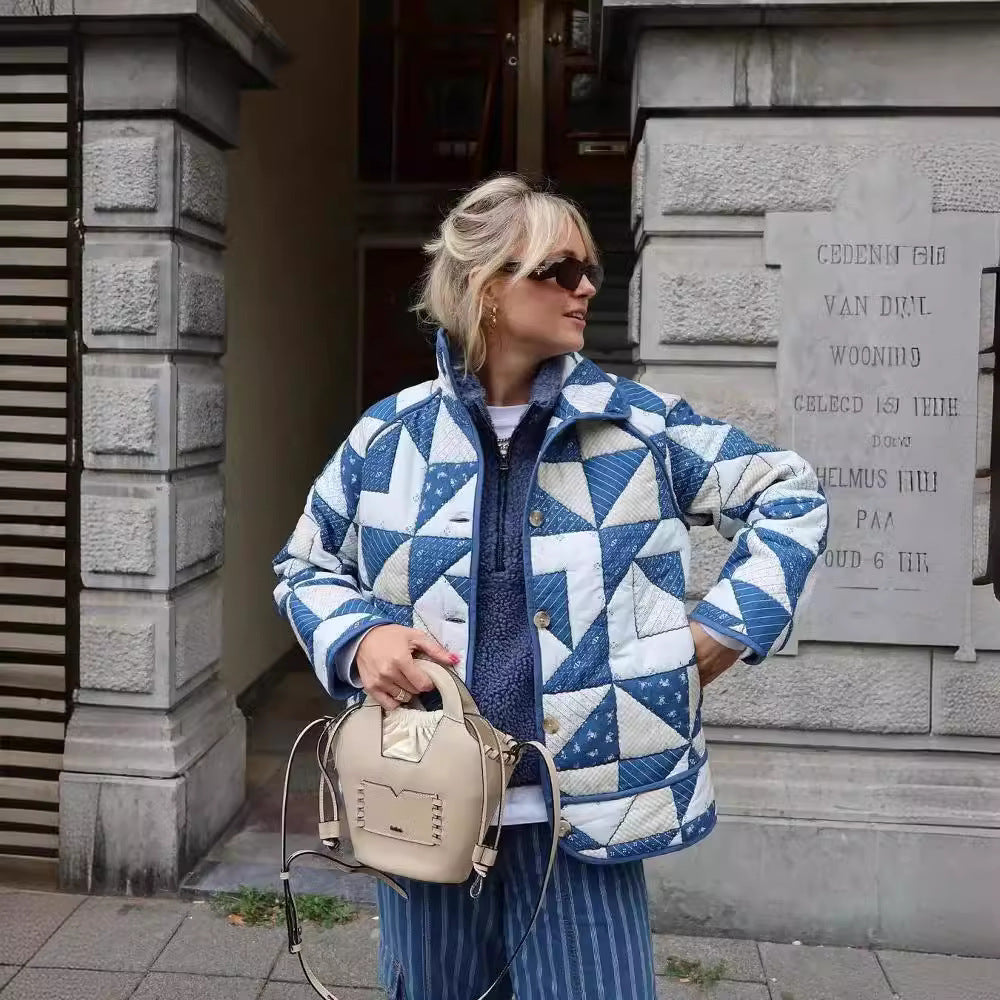autumn and winter explosion cross-border high-necked fashion rhombus printing women's cotton-padded jacket 085