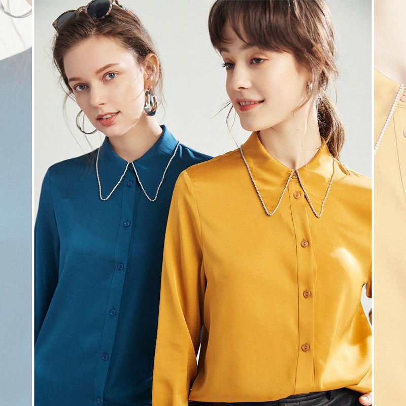 Silk shirt women's mulberry silk shirt summer summer new commuter long-sleeved square collar design niche top
