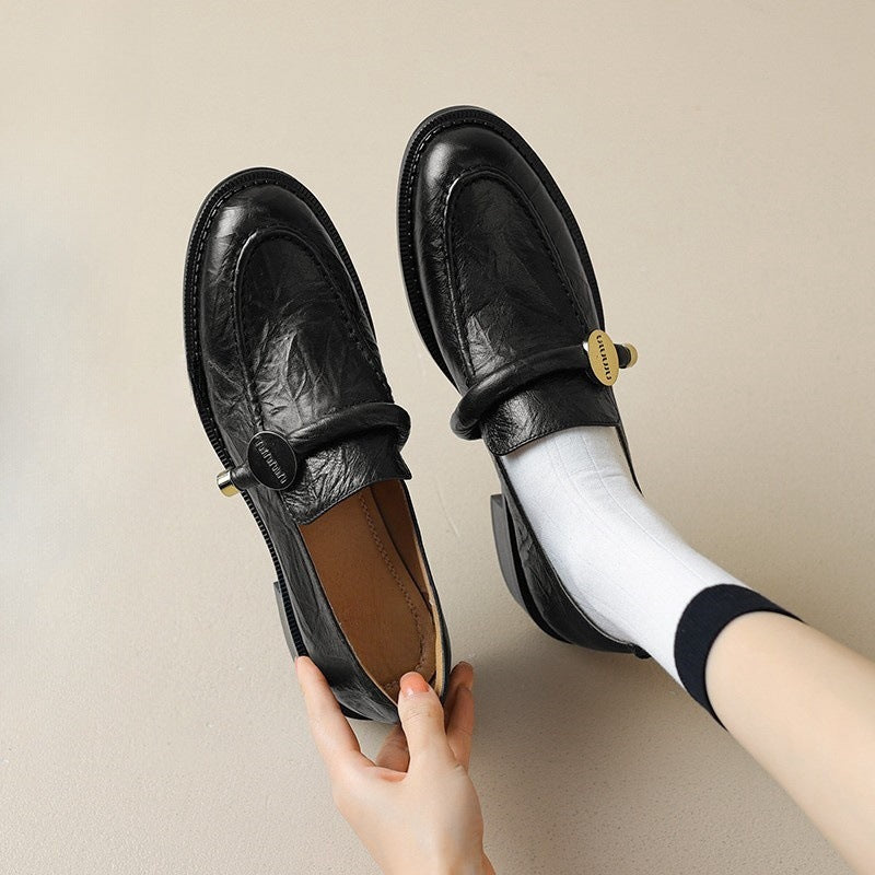 2025 Retro gold buckle thick heel loafer single shoes women's British style small leather shoes