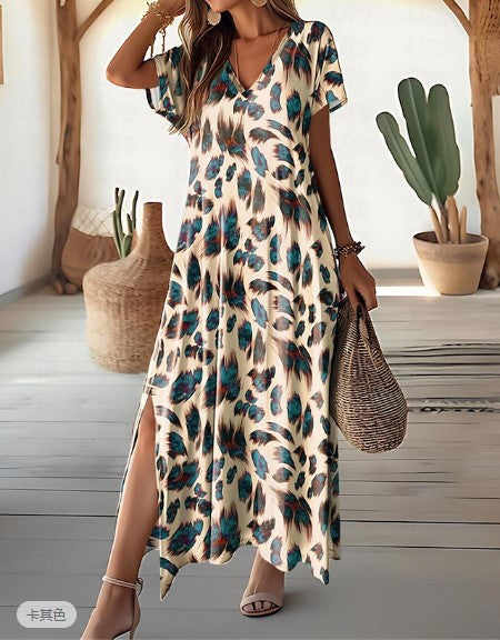 Zllk Women's Casual Dress Summer Digital Printing Split V-neck Street Style Short Sleeve Regular Dress