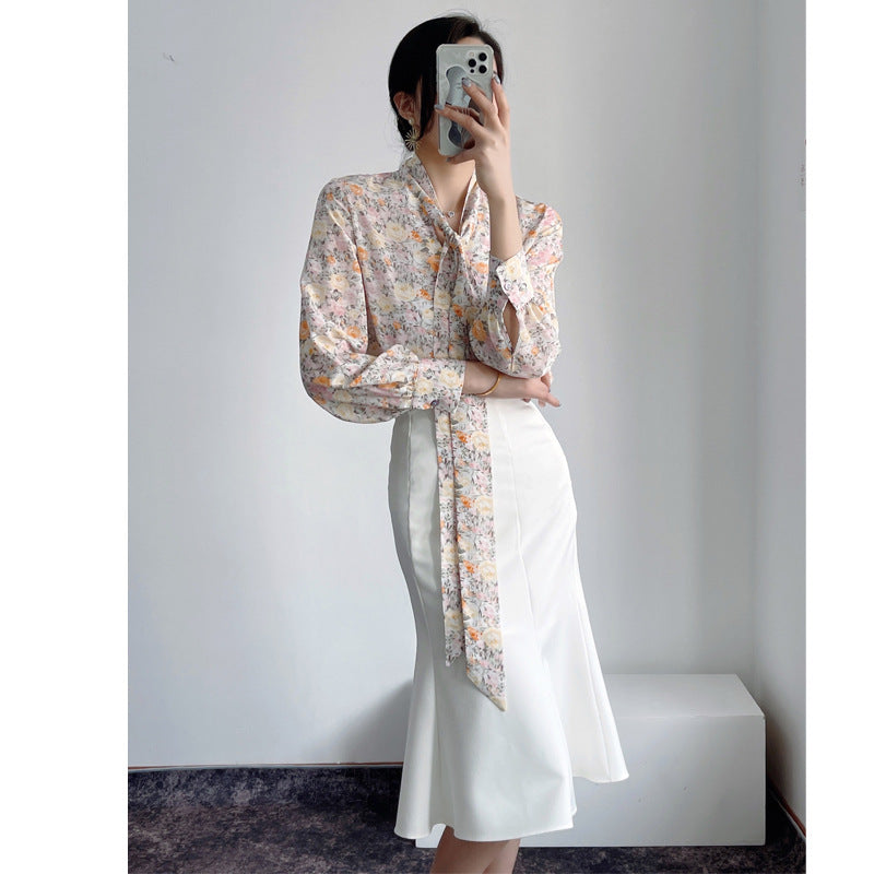 Silk lace-up shirt women's spring and summer popular new mulberry silk slim-fit top with loose long-sleeved shirt inside
