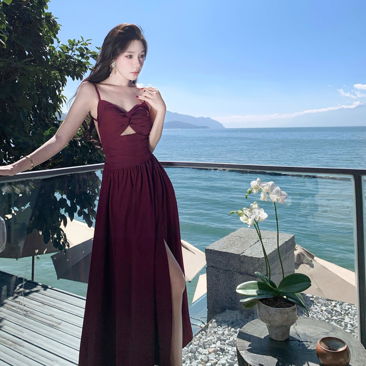 2025 Purple backless suspender skirt women's summer hollow sexy waist seaside vacation skirt big swing long dress
