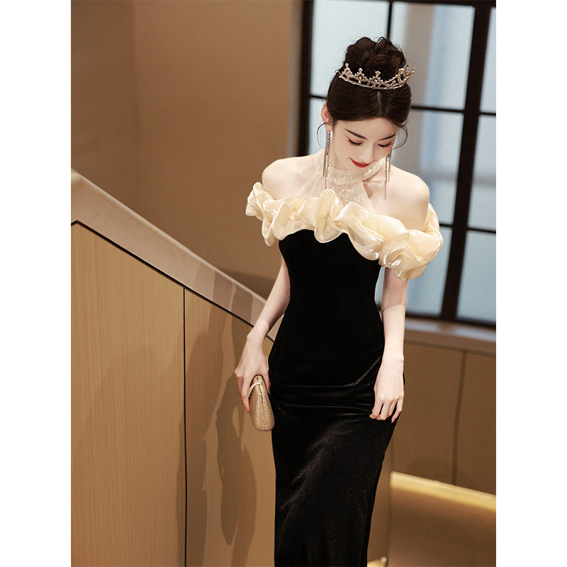 2025 Banquet temperament evening dress dress socialite black fishtail skirt high-end light luxury one-word shoulder host dress