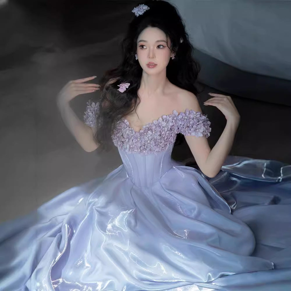 2025 Purple evening dress women's new three-dimensional flower shoulder dance dress host dress