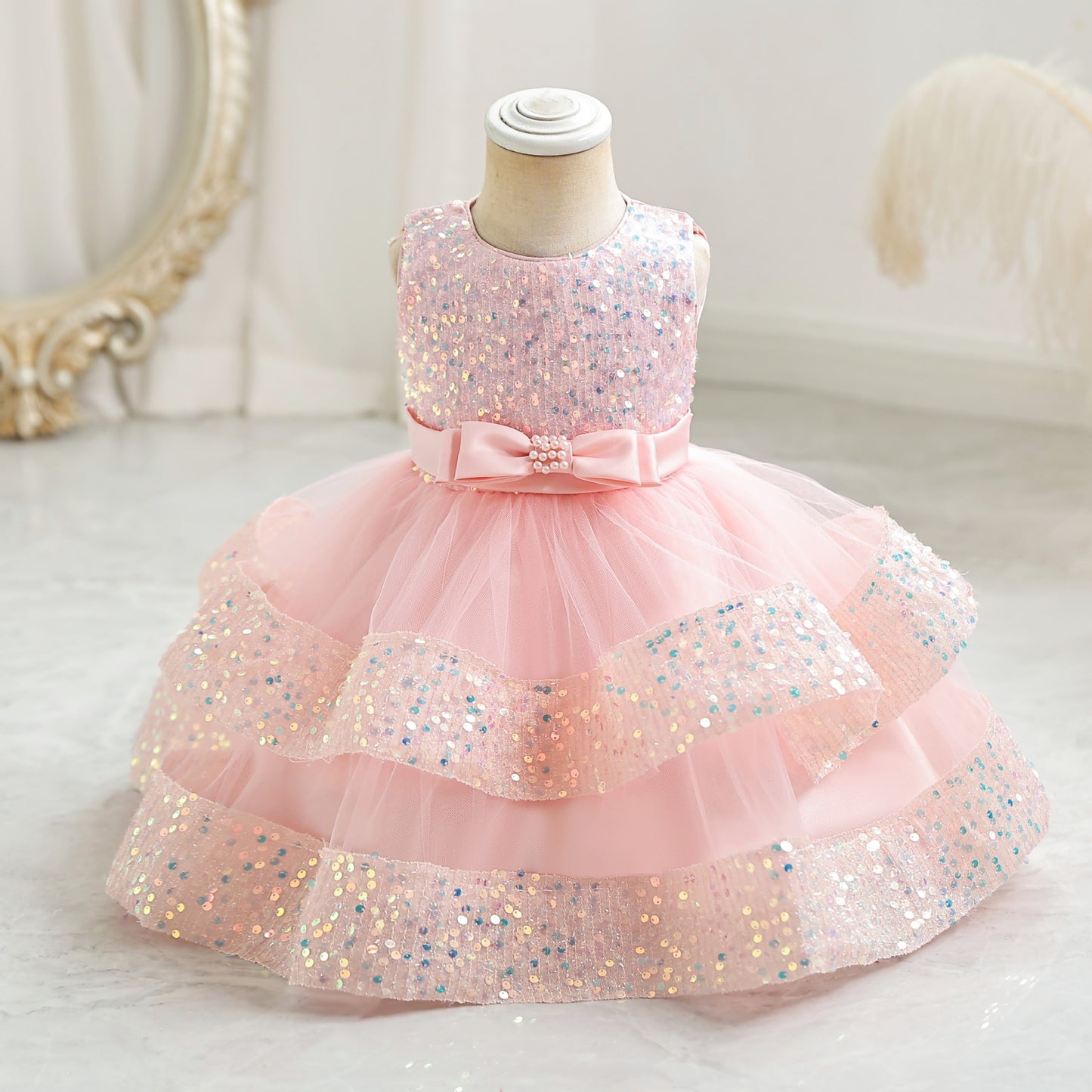 ZllKl Cross-Border New Arrival Red Children's Dress Sequined Princess Dress Baby Girl Birthday Banquet Skirt Girl Performance Wear