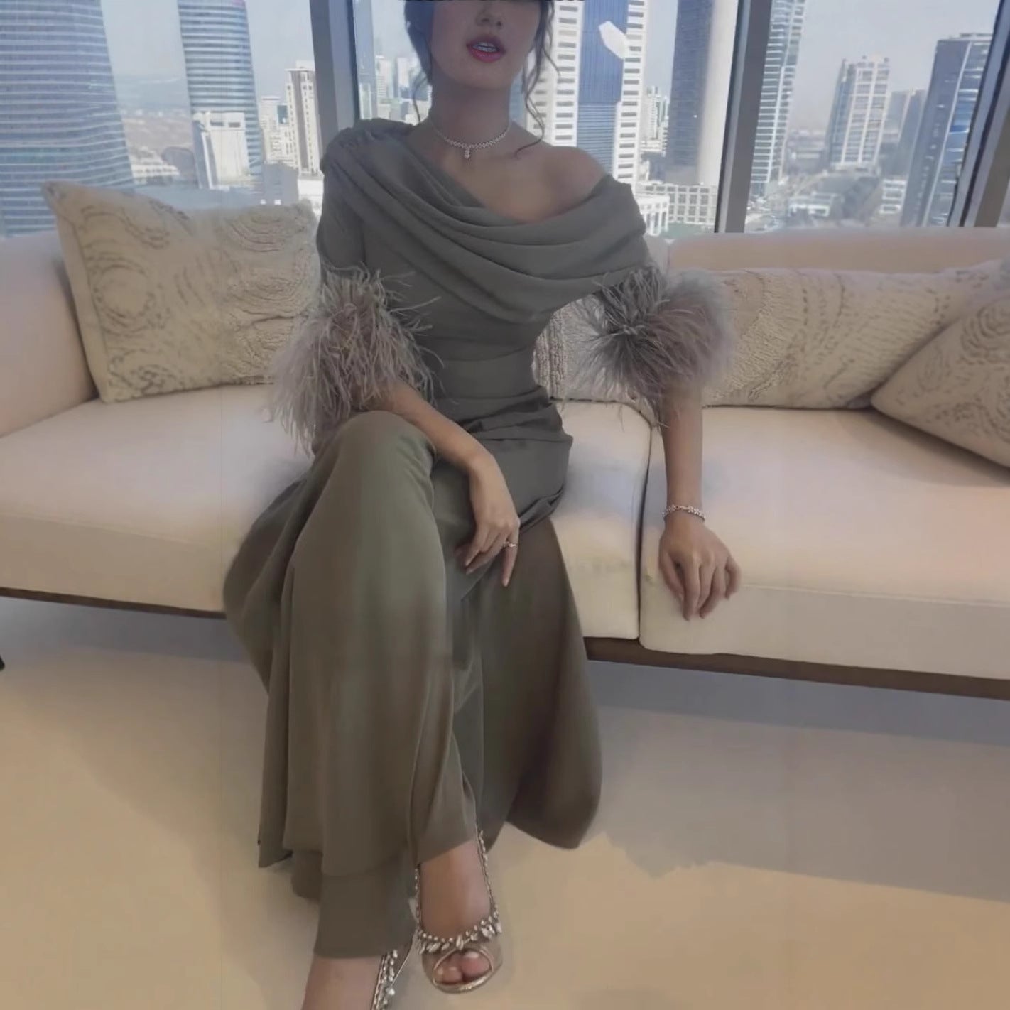 popular autumn and winter new 2025 New  independent station feather splicing sexy fashion loose jumpsuit