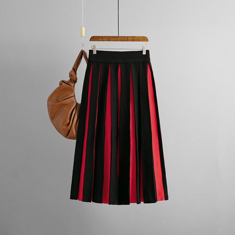 ZllKl 2025 retro knitted half-length skirt for women, high waist, thin and age-reducing, black and white splicing medium and long pleated skirt