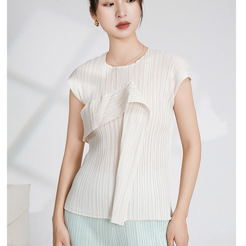 2025 Hot-selling women's t-shirt short-sleeved design sense niche round neck irregular high-end fashion temperament thin Miyake top