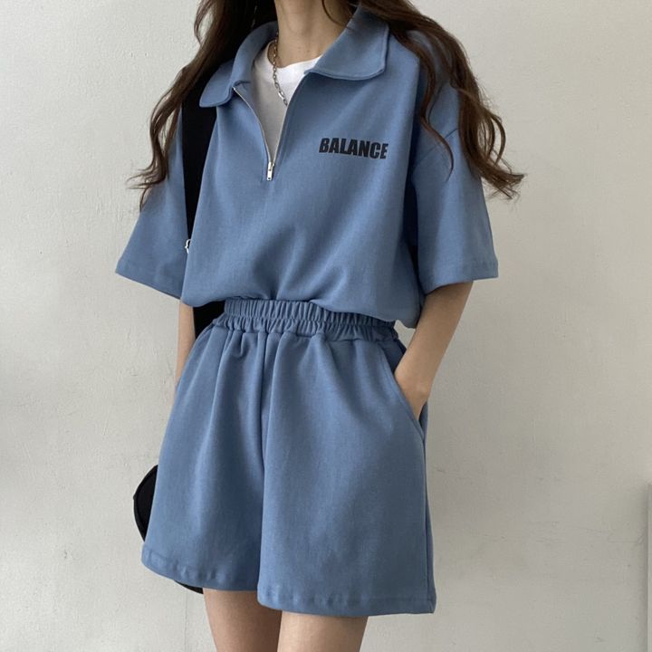 ZllKl Wholesale 4 colors, suit women's casual zipper short-sleeved two-piece set solid color Korean version cotton summer sportswear fashionable and loose