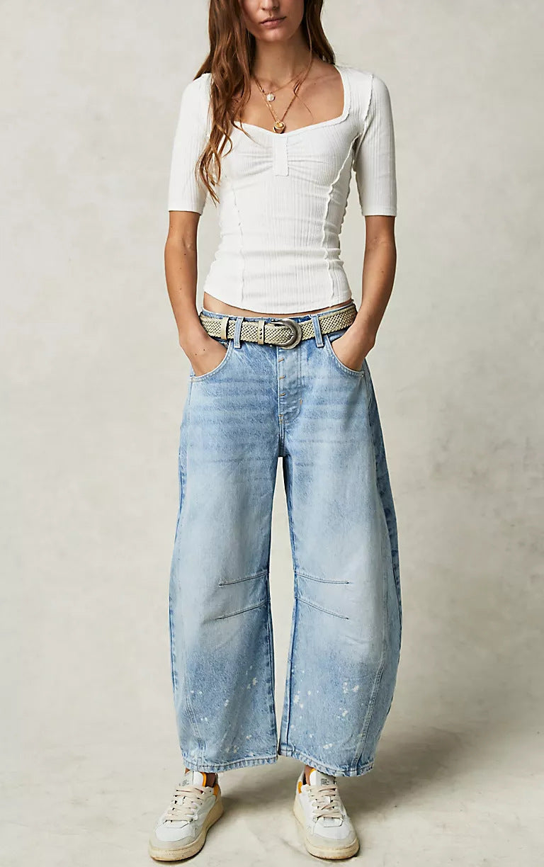 In Stock 2025 Best Seller in Europe and America in Stock Wide Leg Loose Jeans Women's Washed Denim K306