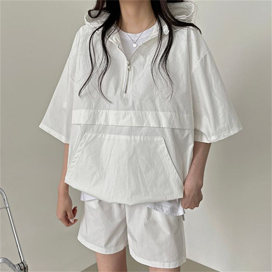 ZLLKL 2025 Korean version of solid color fashion casual short-sleeved suit women's summer new fashion loose hooded sportswear versatile