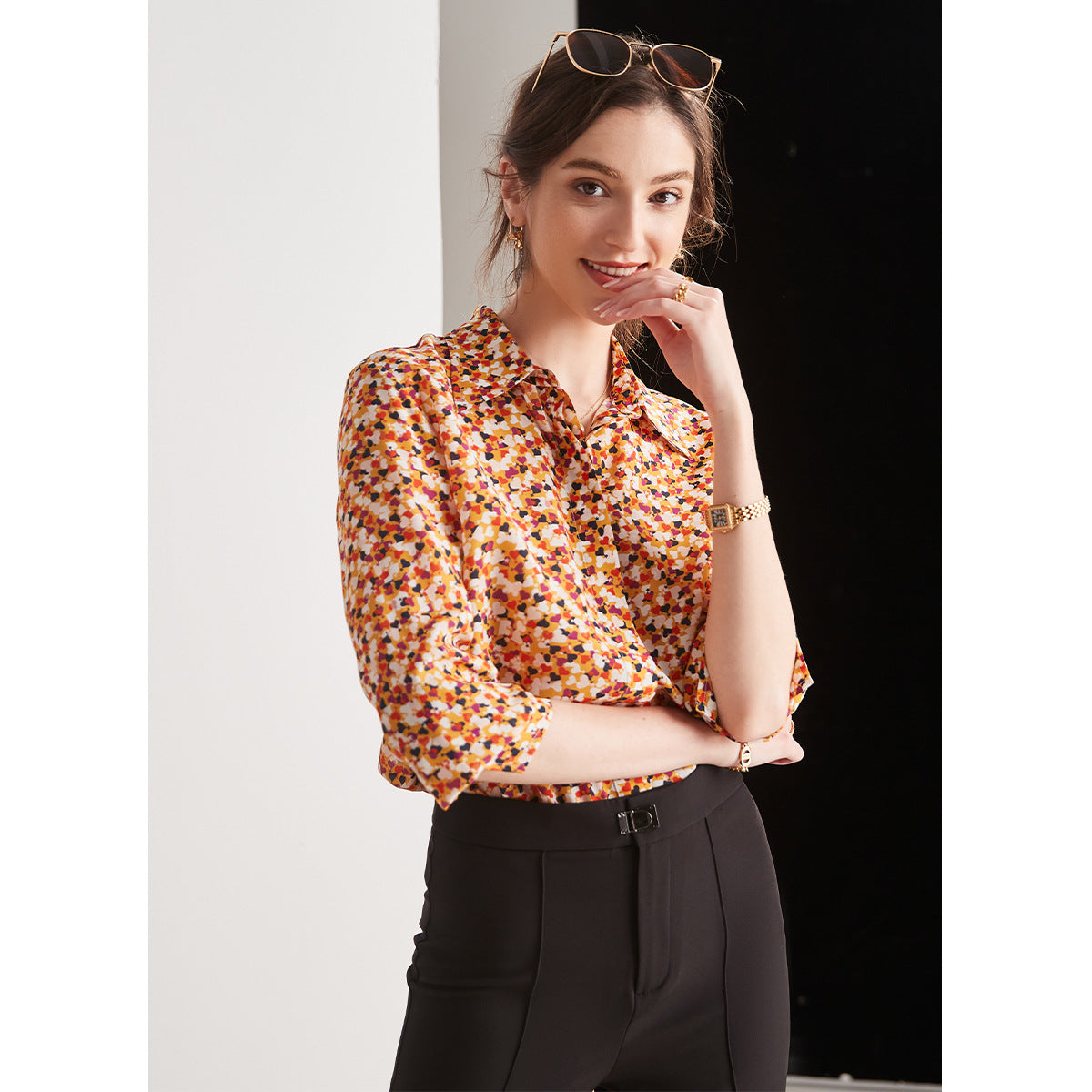 Silk shirt women's spring and summer new design top loose outer wear long-sleeved niche printed shirt