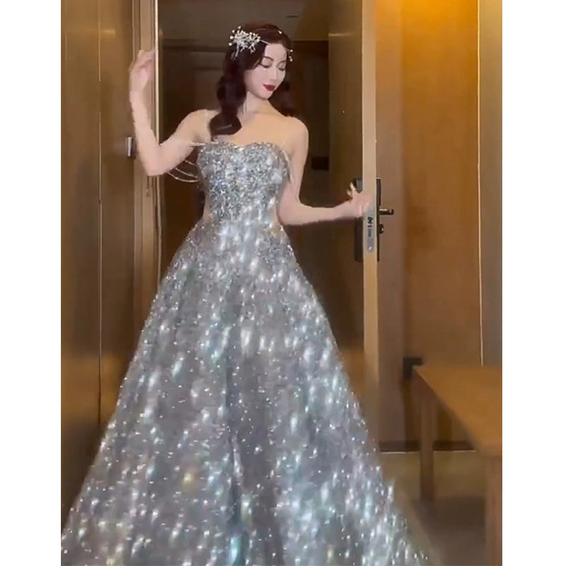 Evening Dress Female Senior Sense Hosting Student Day Bar Mitzvah Art Exam Bright Silver Toasting Dress Bridal Princess Dress