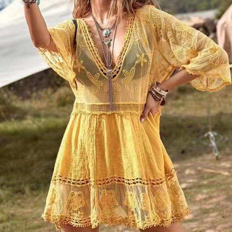 2025 sunscreen shirt sexy lace loose beach vacation blouse skirt bikini jacket swimsuit women