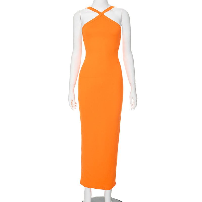 2025 M24DS207 women's clothing summer new temperament solid color neck sleeveless high waist tight split long dress