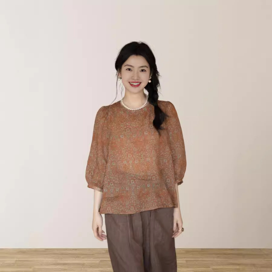 New Chinese Zen suit, bubble sleeve ramie t-shirt A0648 Chinese loose print shirt A0647