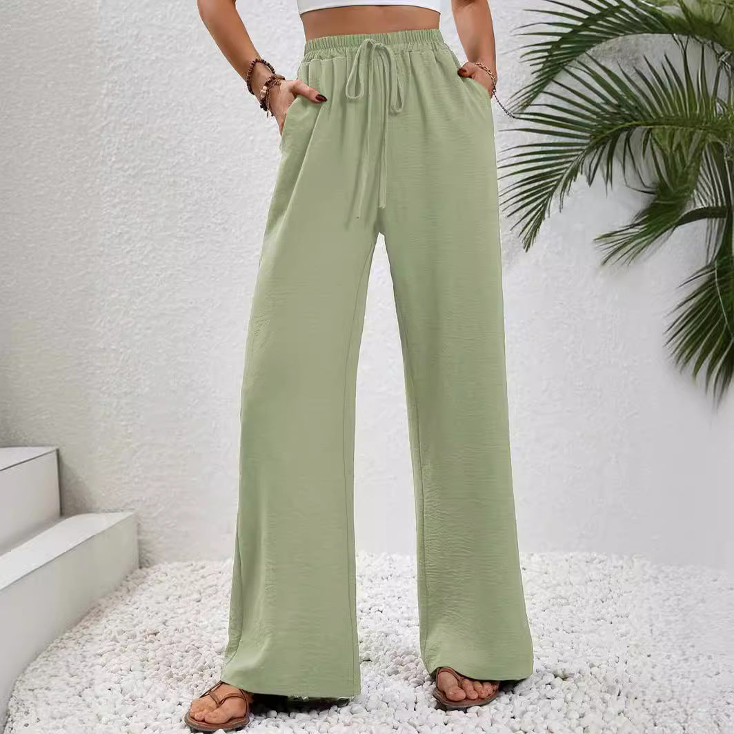 ZllKl Tiktoktemu European and American Women's Clothing Spring and Summer New Versatile Solid Color Mop Wide Leg Pants Casual Pants