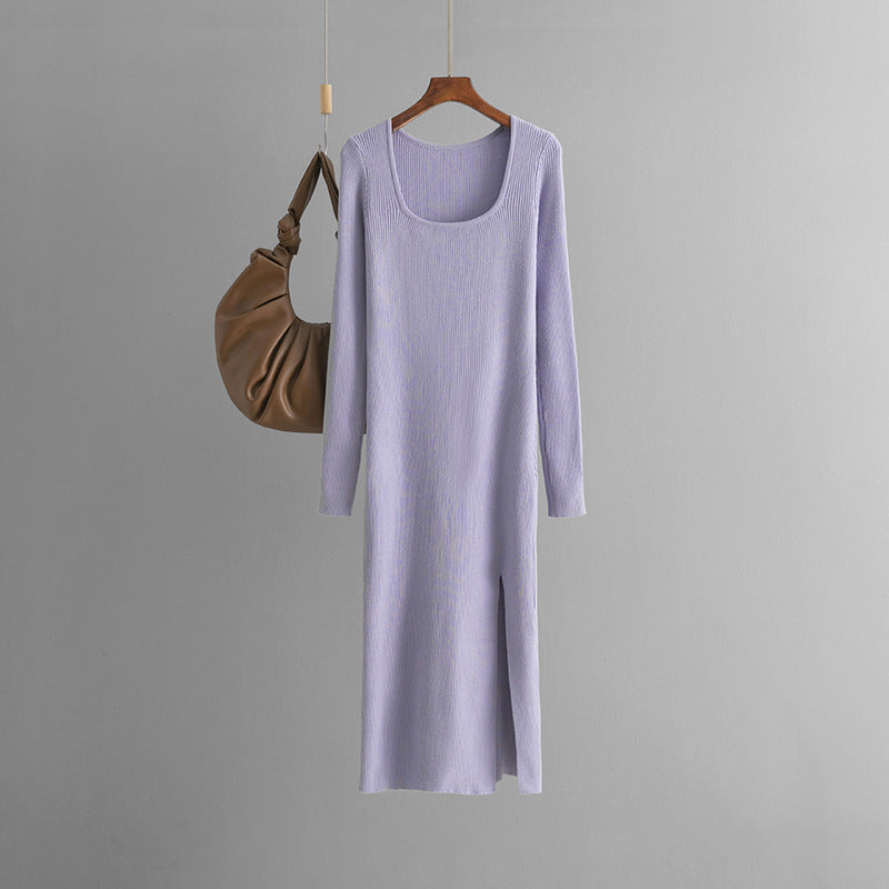 ZllKl New new autumn and winter solid color dress women's long dress slim temperament thin knitted backing sweater skirt