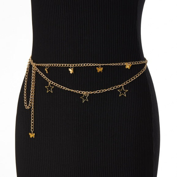 FB3331 2025 waist chain hollow pentagram alloy butterfly pendant wave fringe pendulum chain waist chain